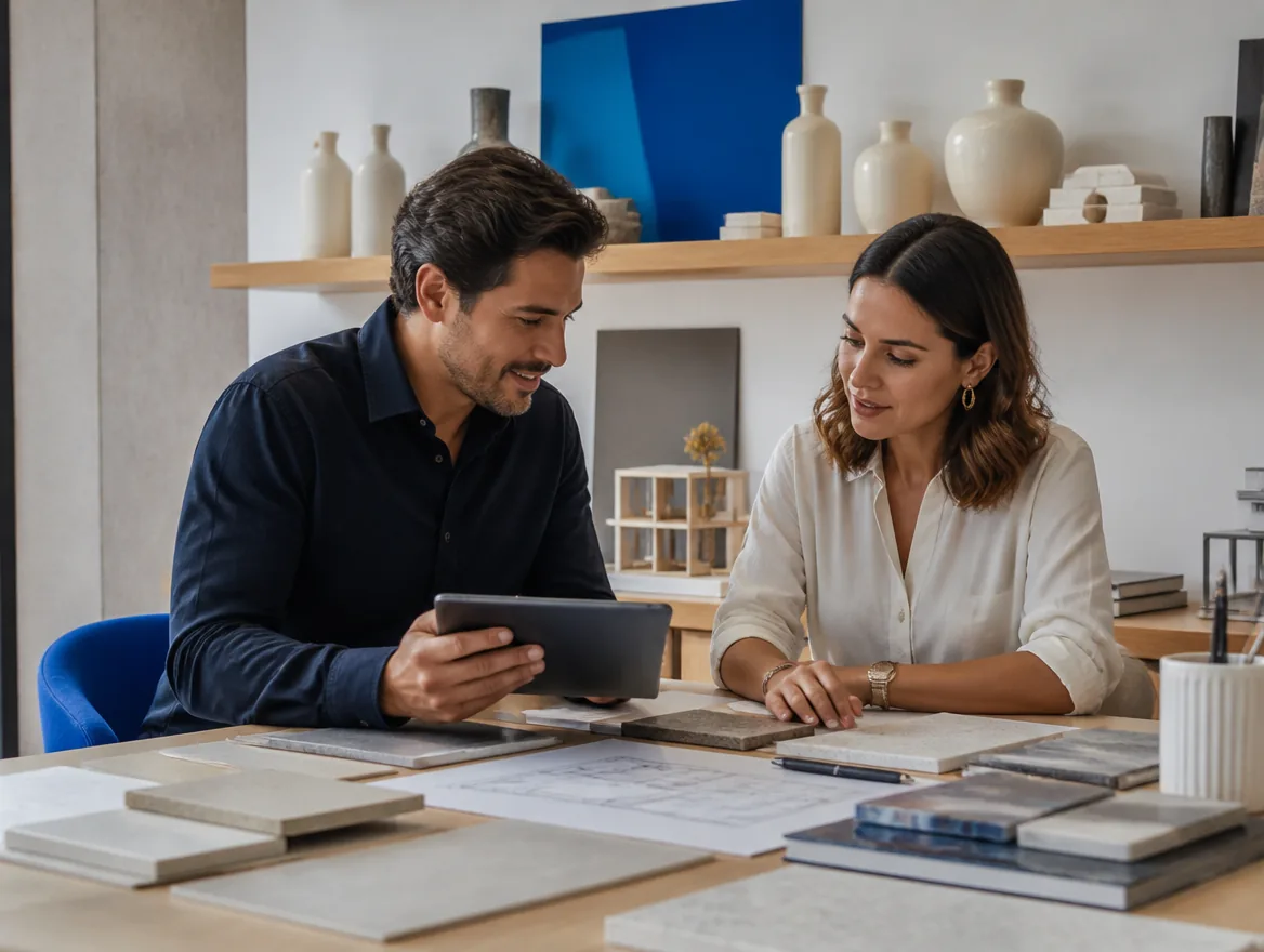 Profissional de arquitetura ou consultoria conversando com um cliente.